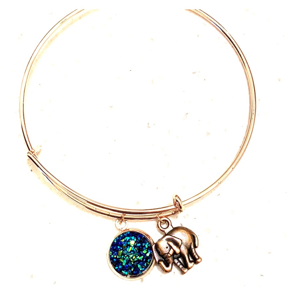 Bangle bracelet with elephant and blue/green druzy